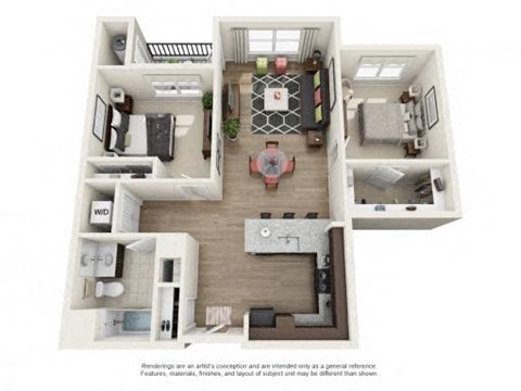 Floor plan for 2 beds, 1 bath, 1018 sqft